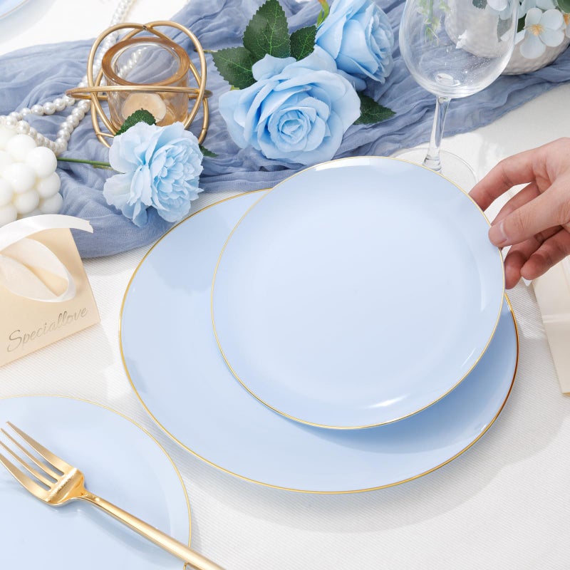 PULOTE 100PCS Blue Plastic Plates - Disposable Light Blue Include 50 Dinner & 50 Dessert/Salad Plates for Party, Wedding & Easter - Image 5